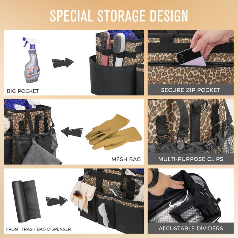 SCAVATA Wearable Cleaning Caddy, Cleaning Caddy Supplies Organizer with Handle & Shoulder Straps for Housekeepers, Under Sink & Car Cleaning Tool Organizers Bag with 4 Foldable Divider (Leopard) - Image 2